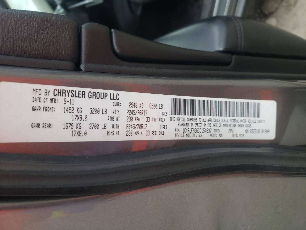 Photo 10 from auction – 2012 JEEP GRAND CHER with VIN 1C4RJFAG6CC154637