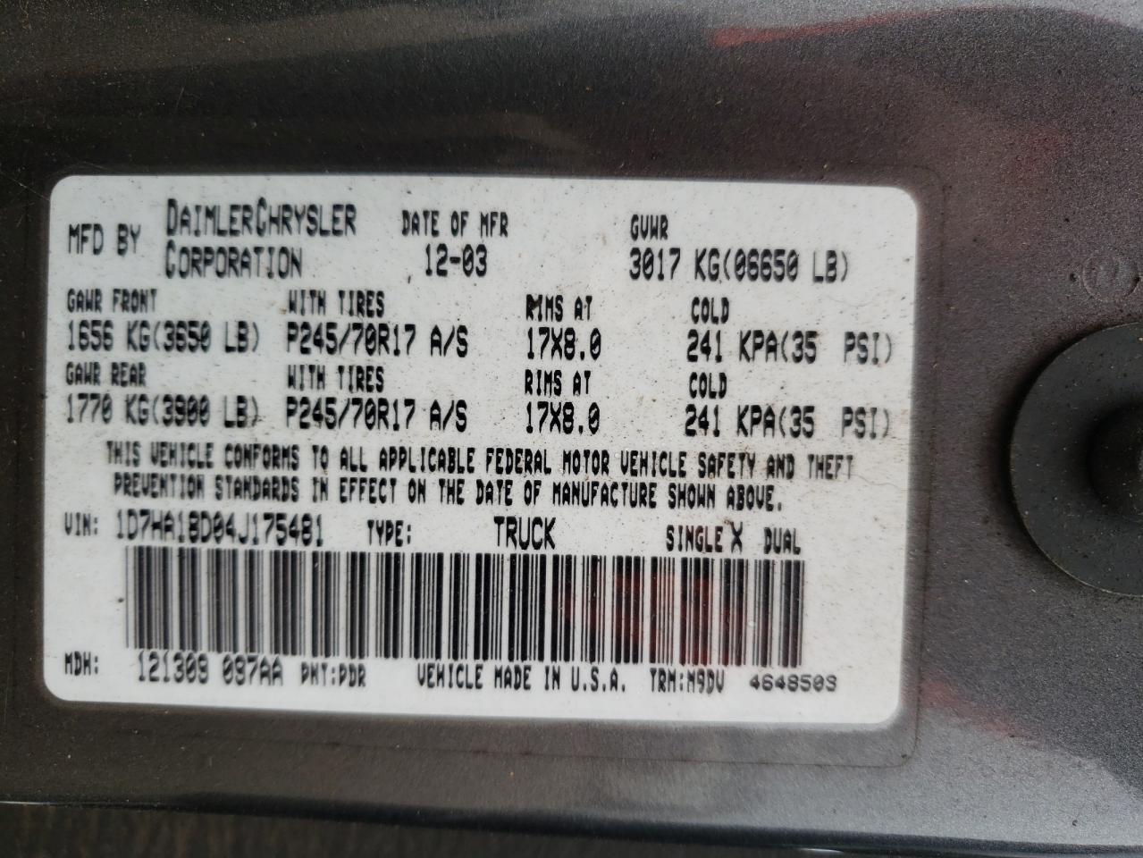 Photo 10 from auction – 2004 DODGE RAM 1500 S with VIN 1D7HA18D04J175481