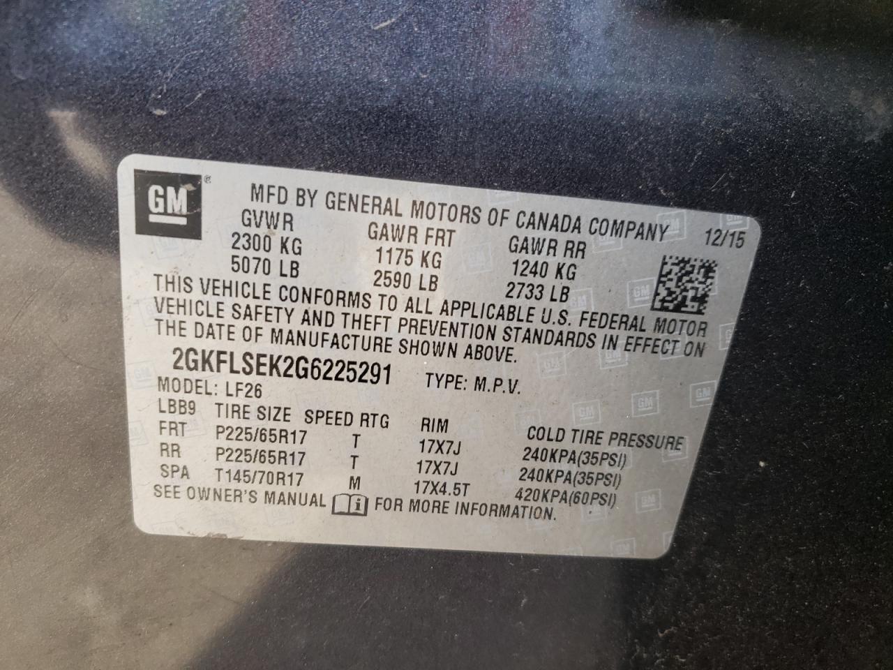 Photo 10 from auction – 2016 GMC TERRAIN SL with VIN 2GKFLSEK2G6225291
