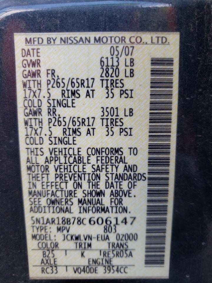 Photo 10 from auction – 2008 NISSAN PATHFINDER with VIN 5N1AR18B78C606147