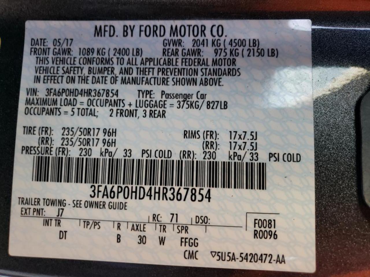 Photo 10 from auction – 2017 FORD FUSION SE with VIN 3FA6P0HD4HR367854