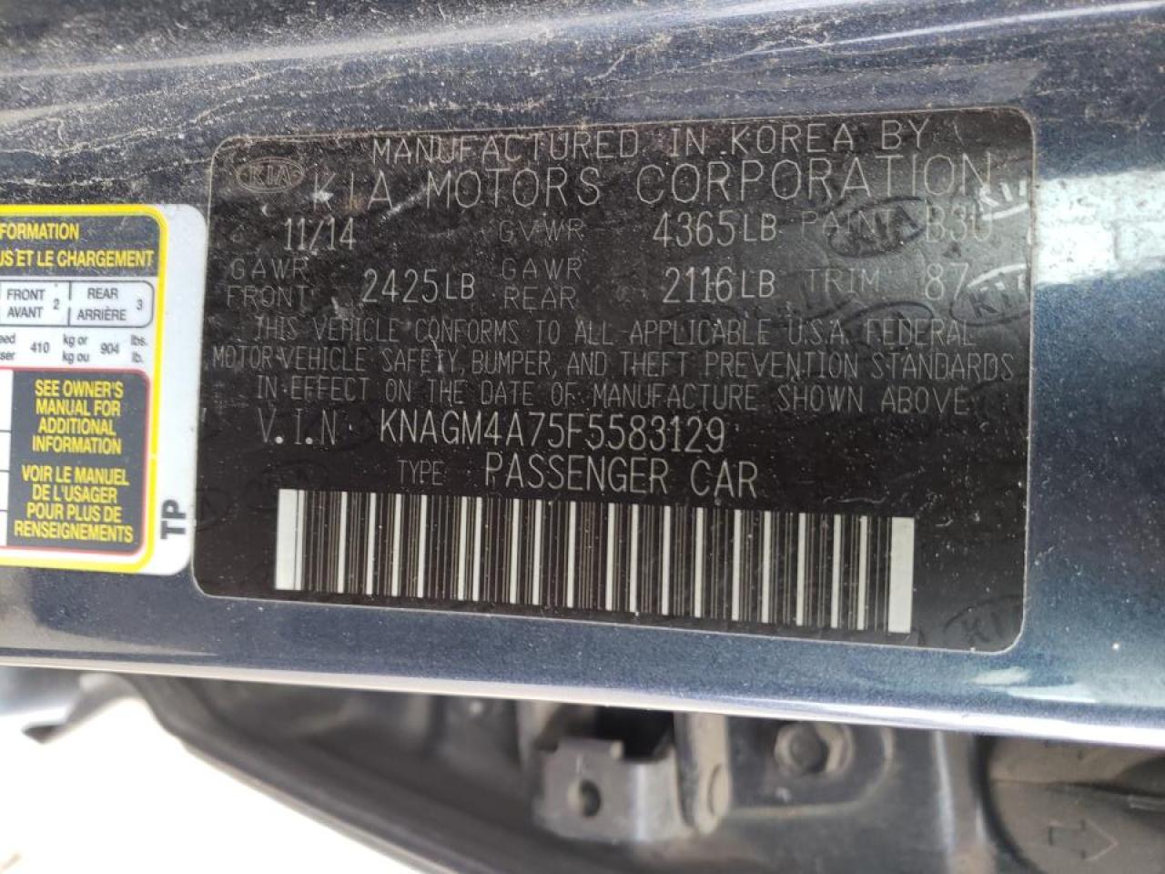 Photo 10 from auction – 2015 KIA OPTIMA LX with VIN KNAGM4A75F5583129