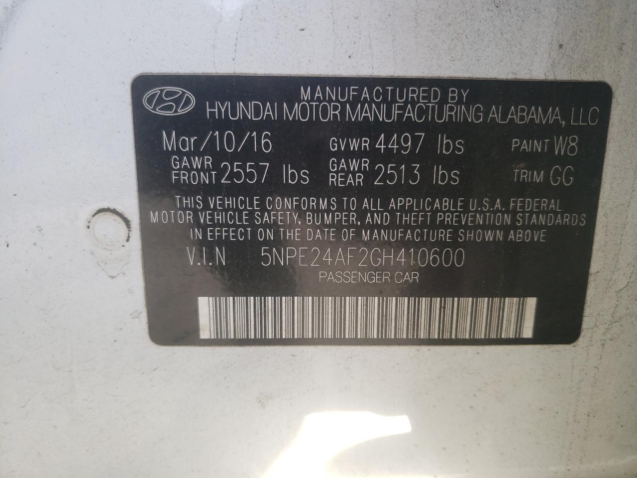 Photo 10 from auction – 2016 HYUNDAI SONATA SE with VIN 5NPE24AF2GH410600