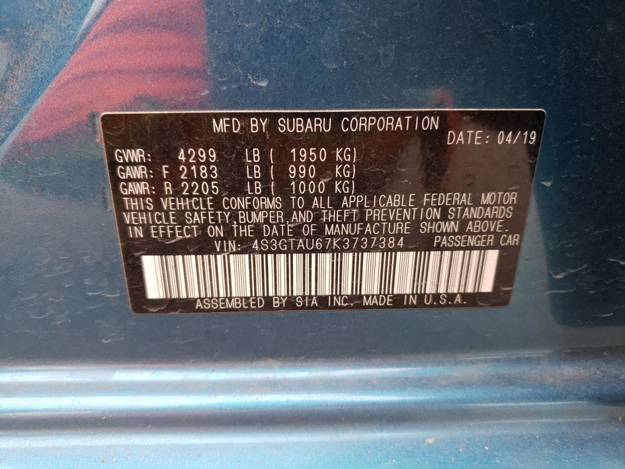 Photo 10 from auction – 2019 SUBARU IMPREZA LI with VIN 4S3GTAU67K3737384