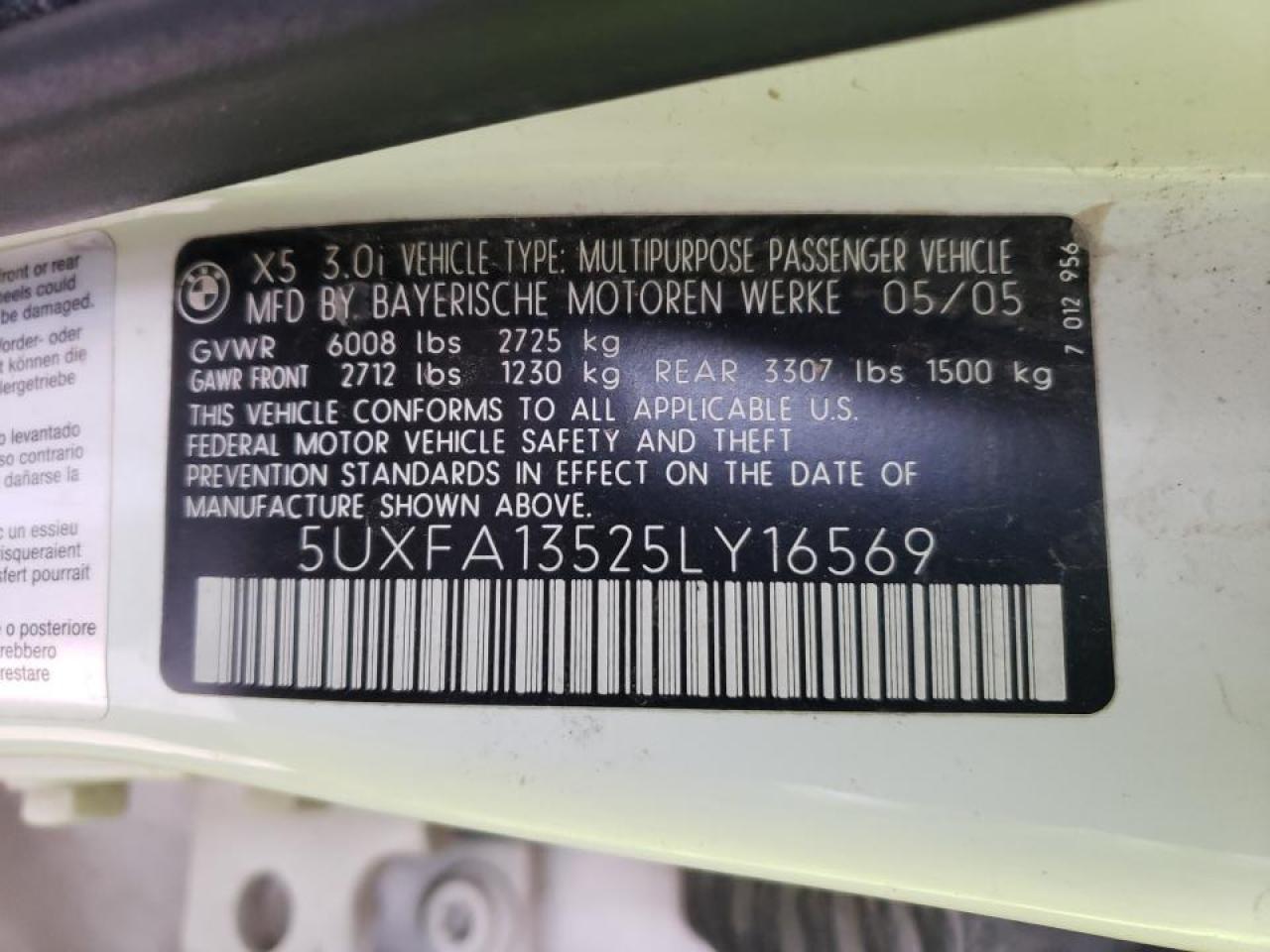 Photo 10 from auction – 2005 BMW X5 3.0I with VIN 5UXFA13525LY16569
