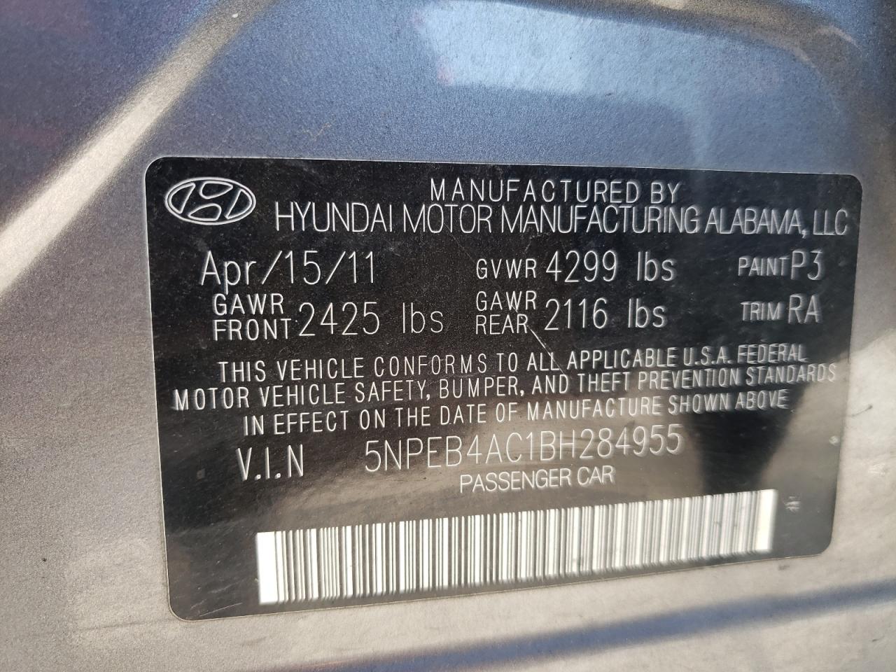 Photo 10 from auction – 2011 HYUNDAI SONATA GLS with VIN 5NPEB4AC1BH284955