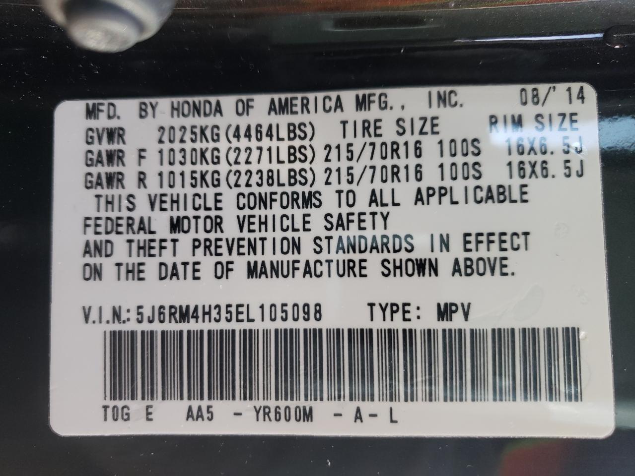 Photo 10 from auction – 2014 HONDA CR-V LX with VIN 5J6RM4H35EL105098