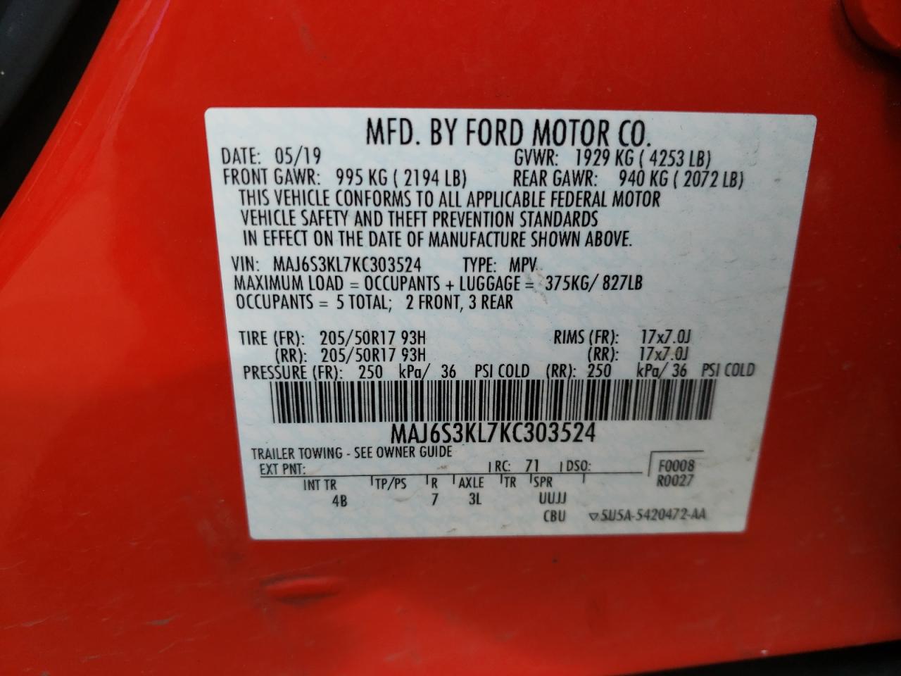 Photo 10 from auction – 2019 FORD ECOSPORT T with VIN MAJ6S3KL7KC303524