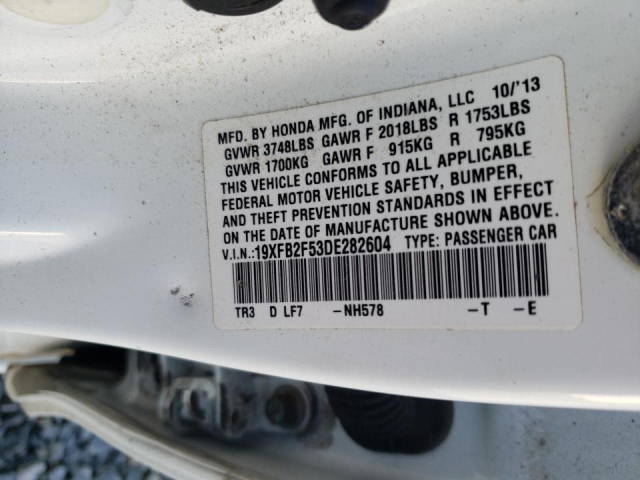 Photo 10 from auction – 2013 HONDA CIVIC LX with VIN 19XFB2F53DE282604