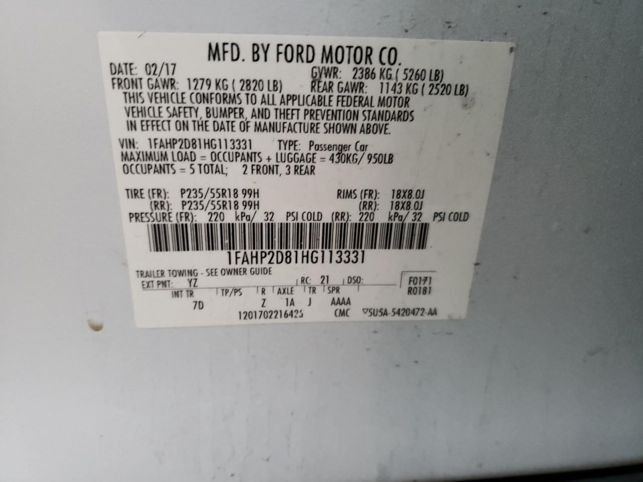 Photo 10 from auction – 2017 FORD TAURUS SE with VIN 1FAHP2D81HG113331