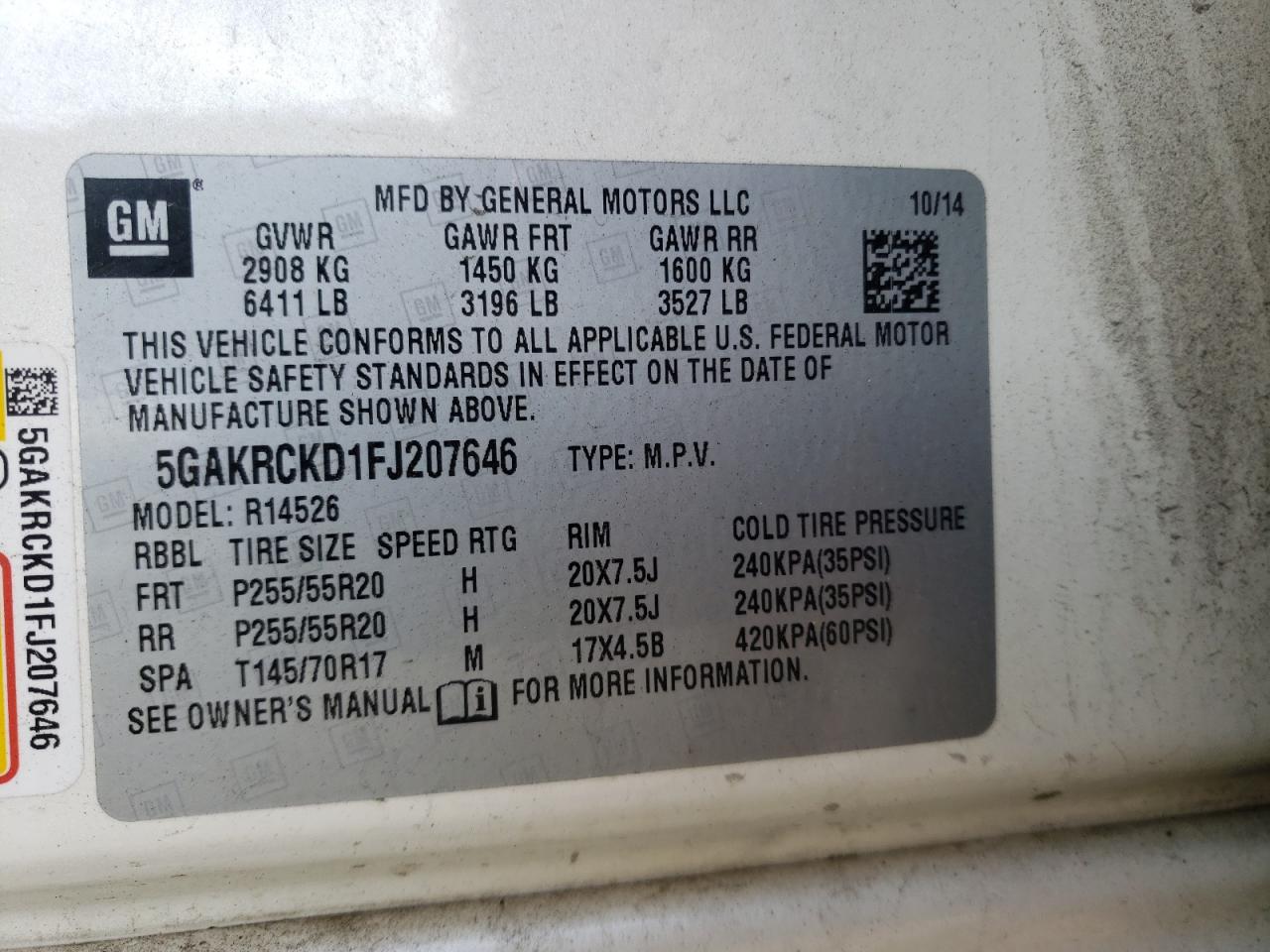 Photo 10 from auction – 2015 BUICK ENCLAVE with VIN 5GAKRCKD1FJ207646
