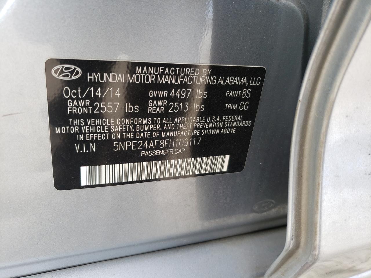 Photo 10 from auction – 2015 HYUNDAI SONATA SE with VIN 5NPE24AF8FH109117