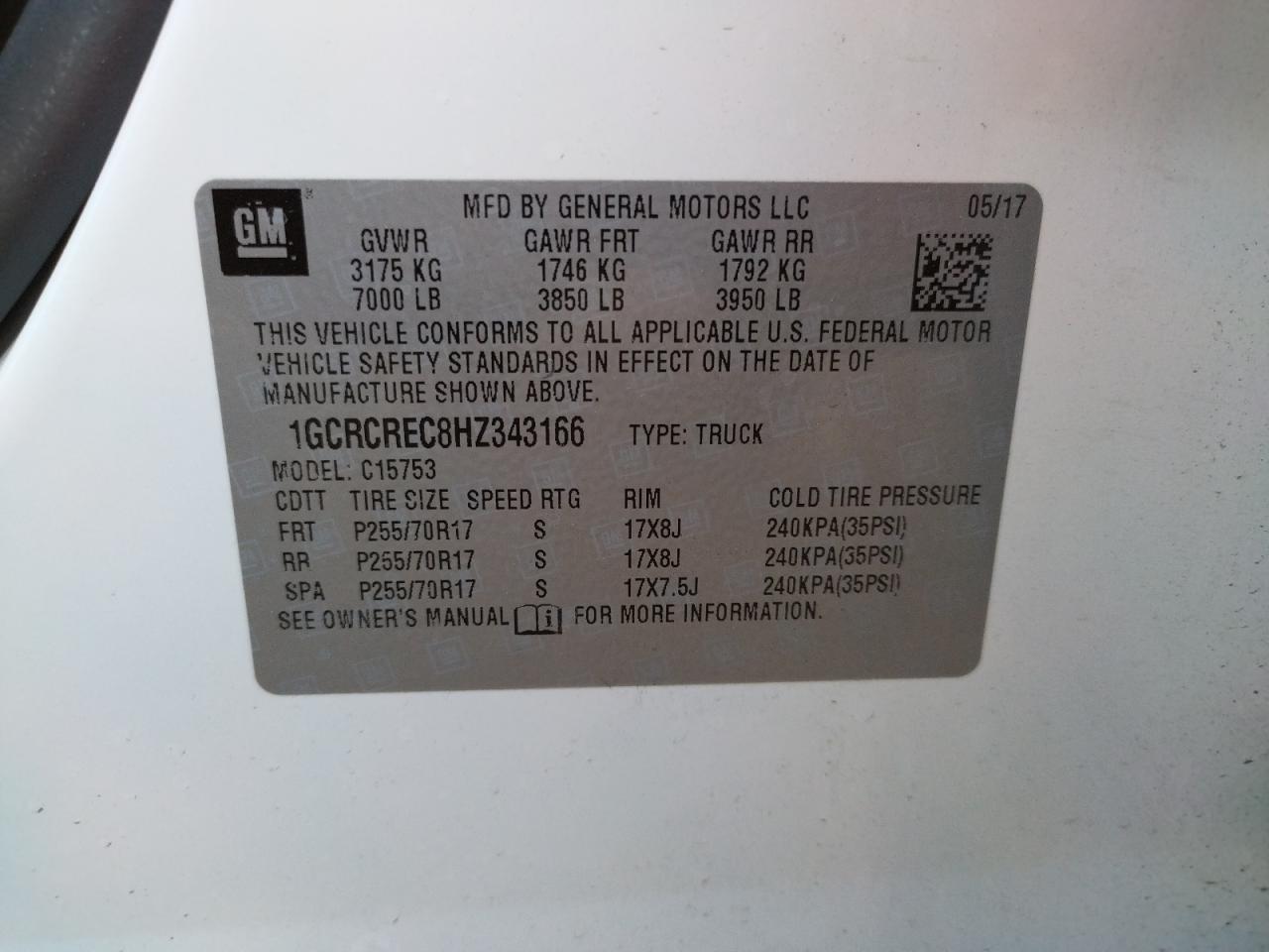 Photo 10 from auction – 2017 CHEVROLET SILVERADO with VIN 1GCRCREC8HZ343166