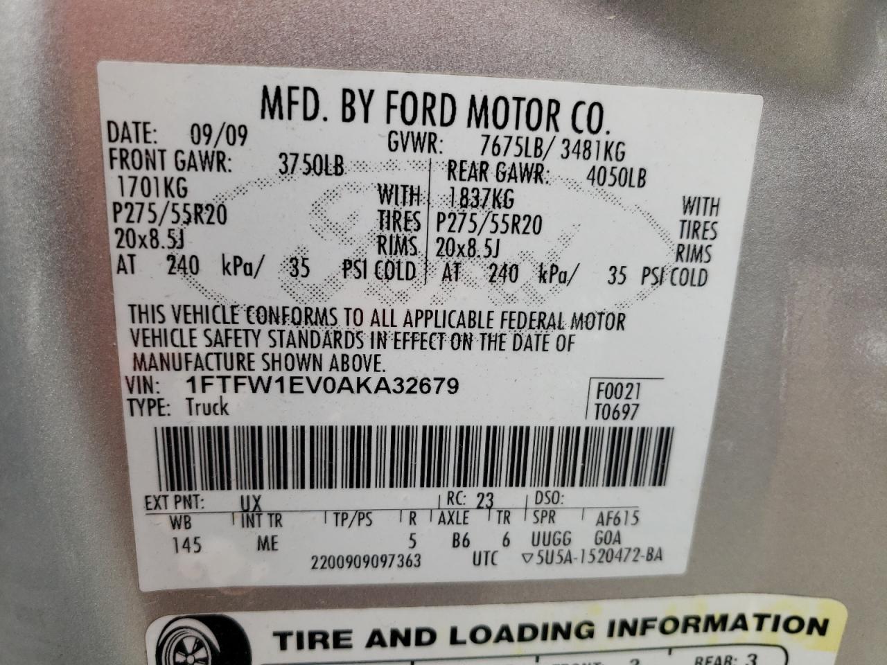 Photo 10 from auction – 2010 FORD F150 SUPER with VIN 1FTFW1EV0AKA32679
