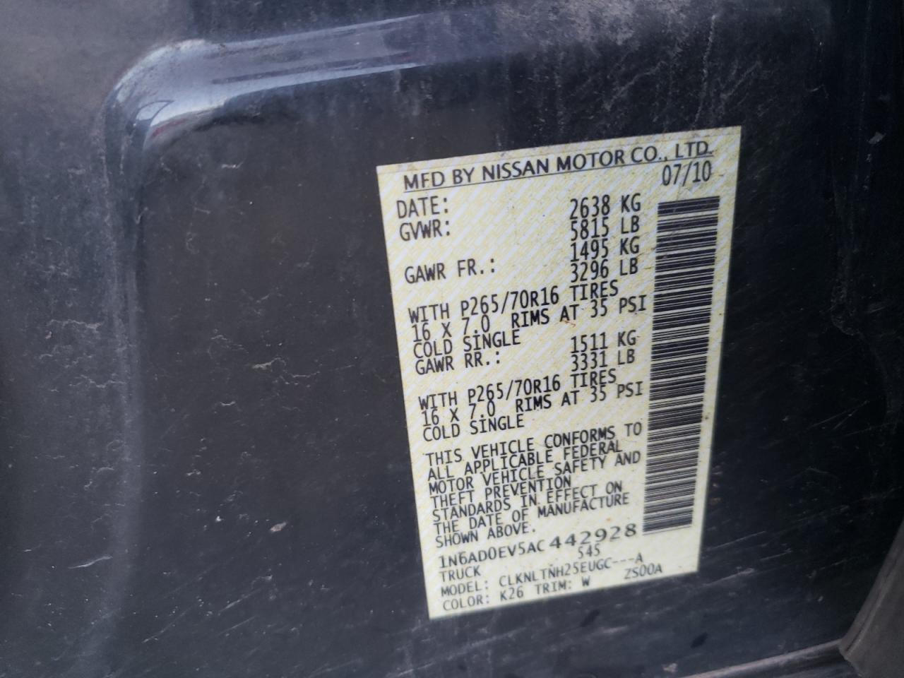 Photo 10 from auction – 2010 NISSAN FRONTIER C with VIN 1N6AD0EV5AC442928