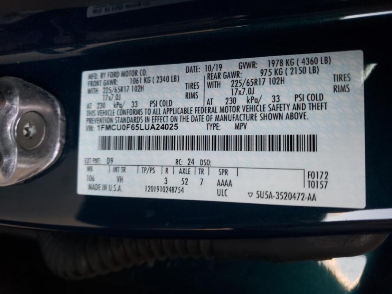 Photo 10 from auction – 2020 FORD ESCAPE S with VIN 1FMCU0F65LUA24025
