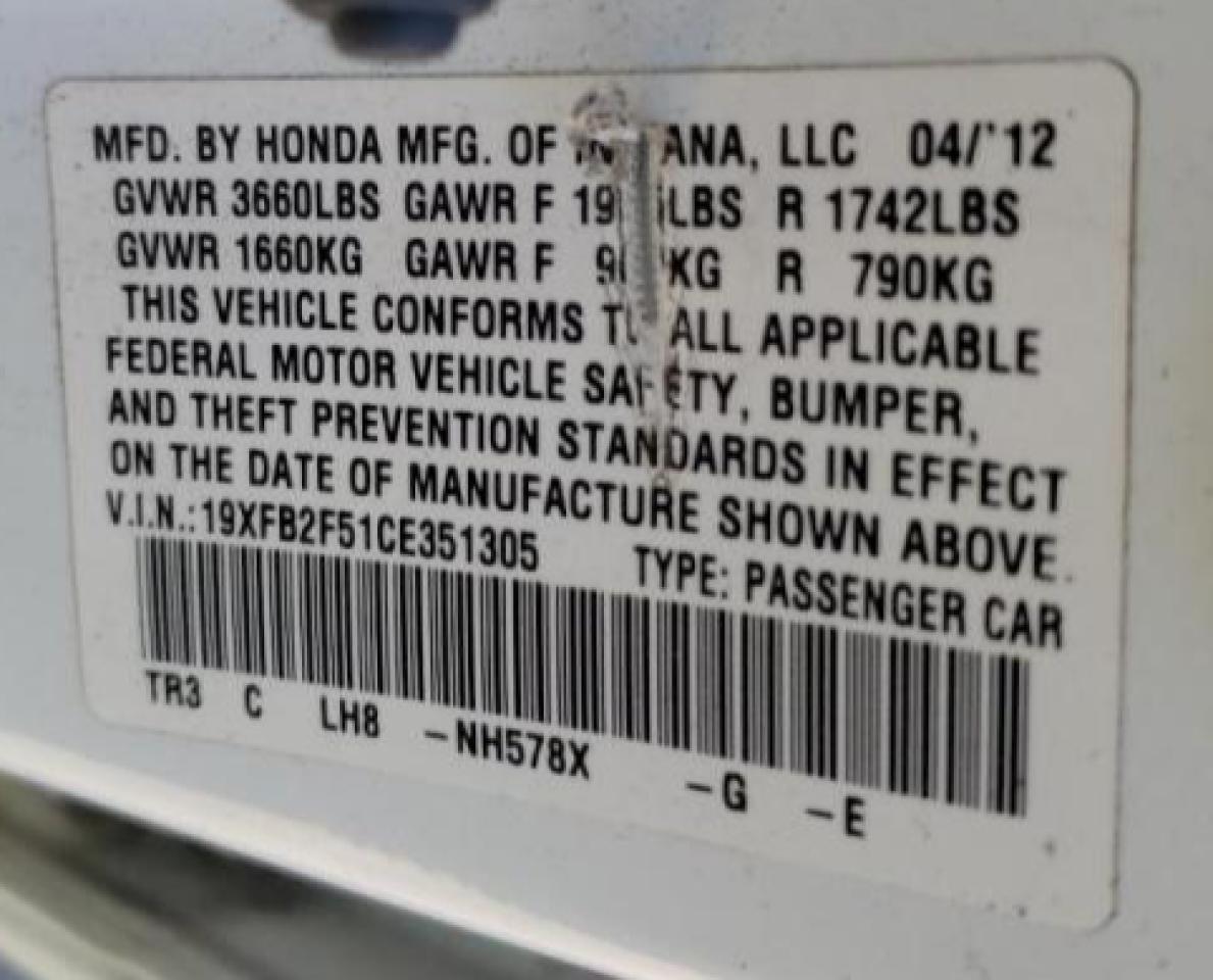 Photo 10 from auction – 2012 HONDA CIVIC with VIN 19XFB2F51CE351305