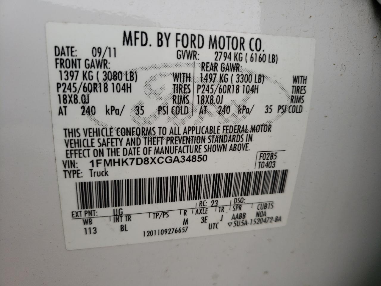 Photo 10 from auction – 2012 FORD EXPLORER X with VIN 1FMHK7D8XCGA34850
