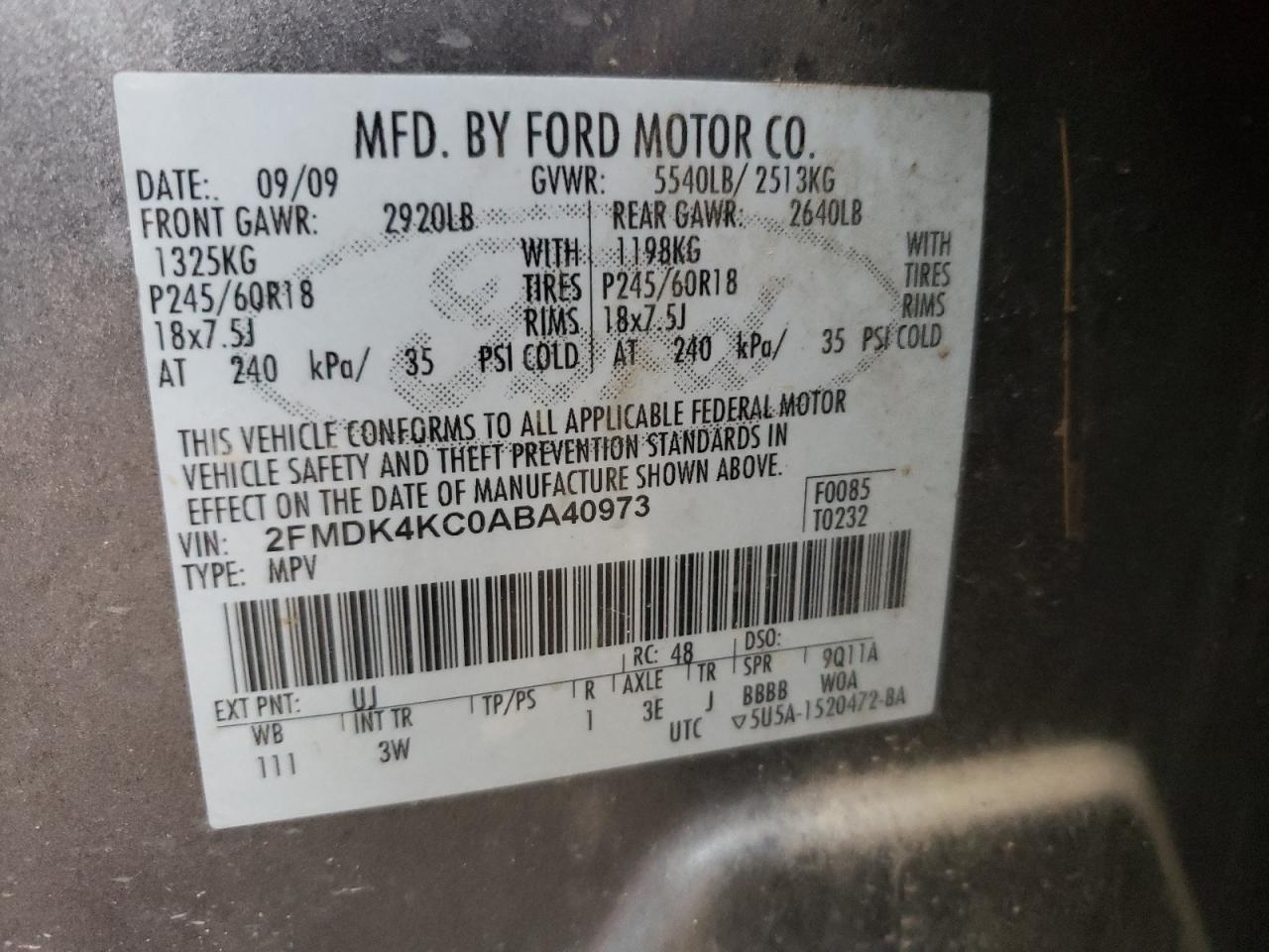 Photo 10 from auction – 2010 FORD EDGE LIMIT with VIN 2FMDK4KC0ABA40973