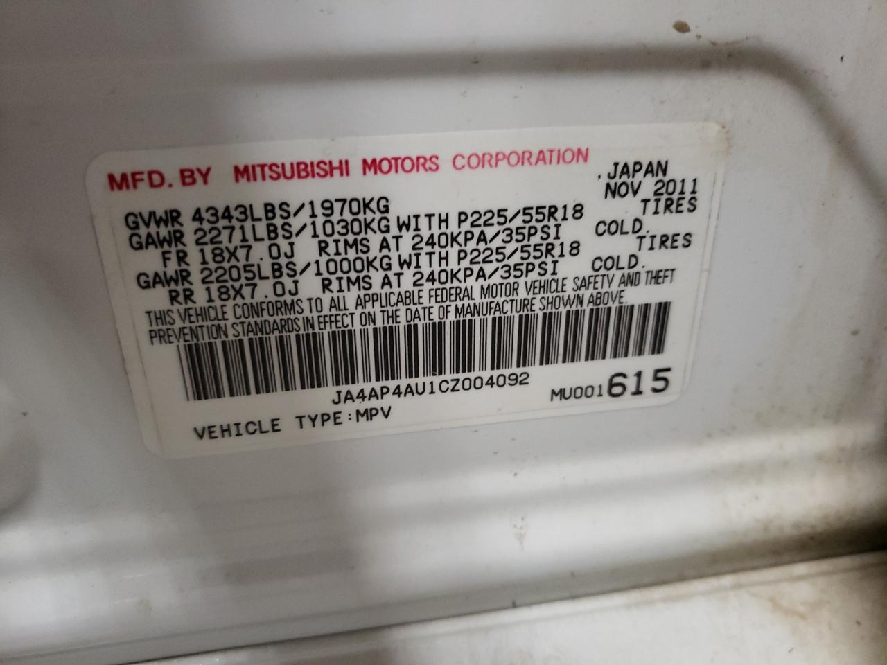 Photo 10 from auction – 2012 MITSUBISHI OUTLANDER with VIN JA4AP4AU1CZ004092