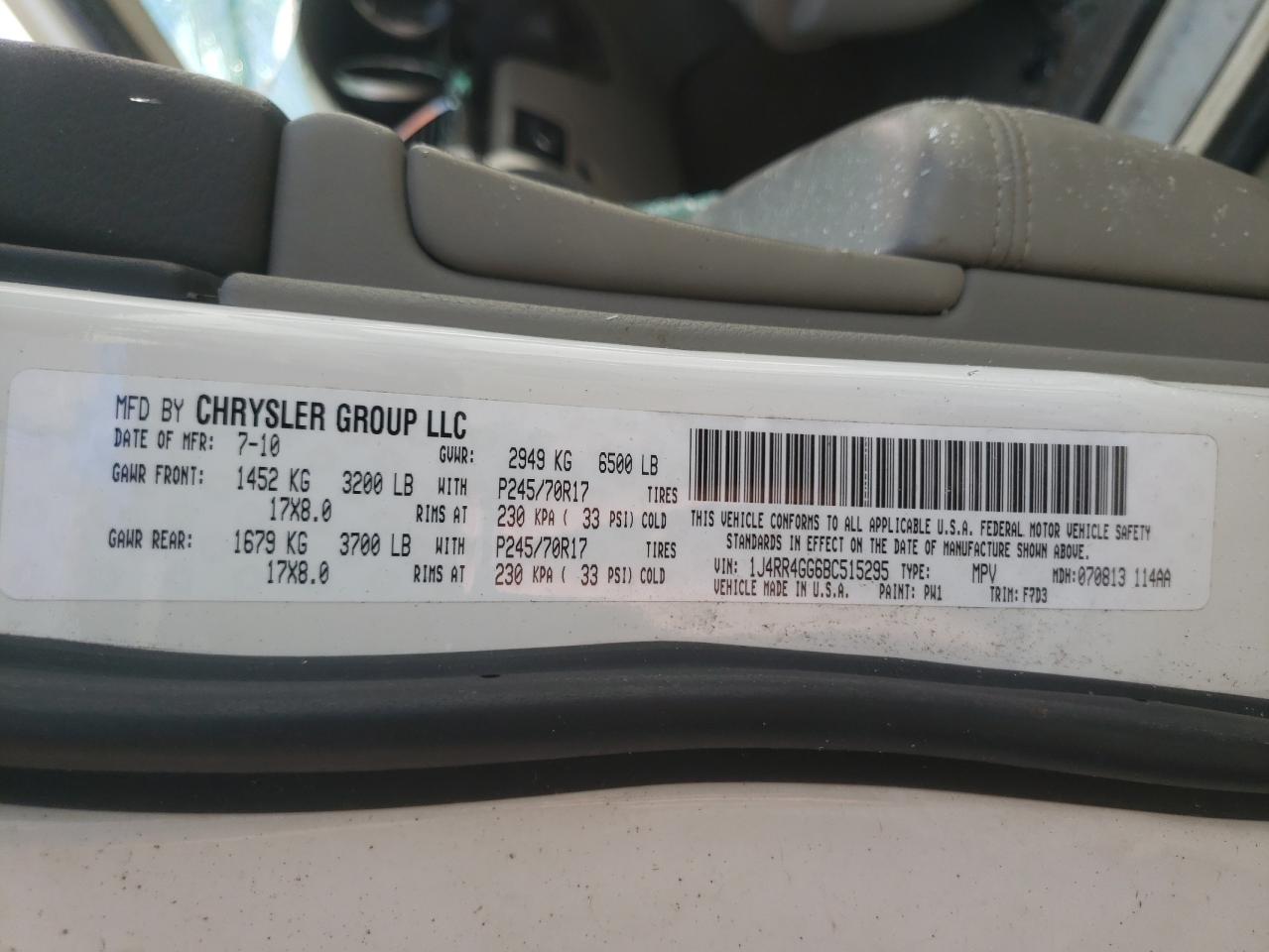 Photo 10 from auction – 2011 JEEP GRAND CHER with VIN 1J4RR4GG6BC515295