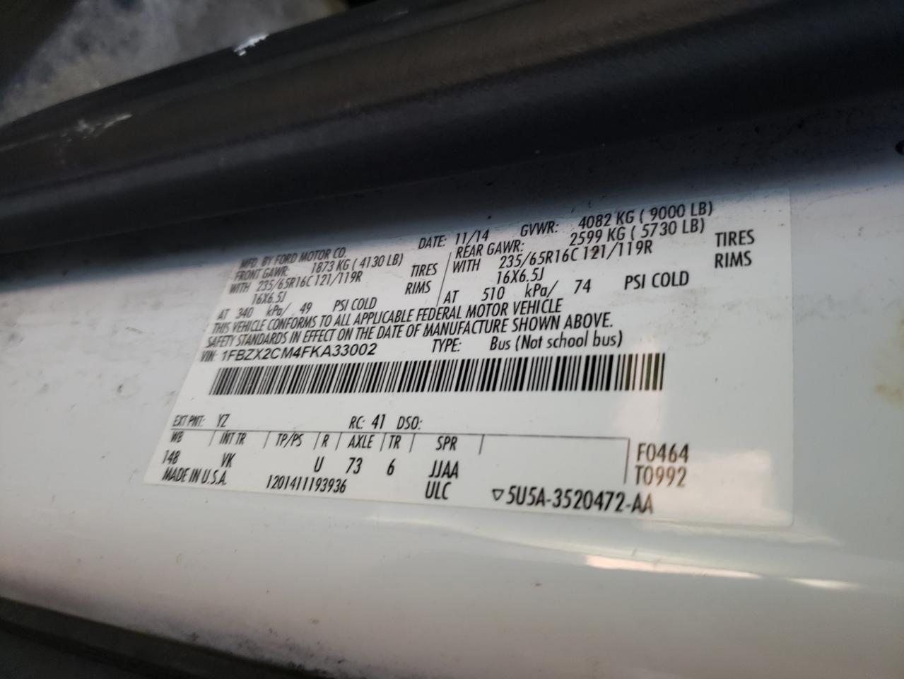 Photo 10 from auction – 2015 FORD TRANSIT T- with VIN 1FBZX2CM4FKA33002