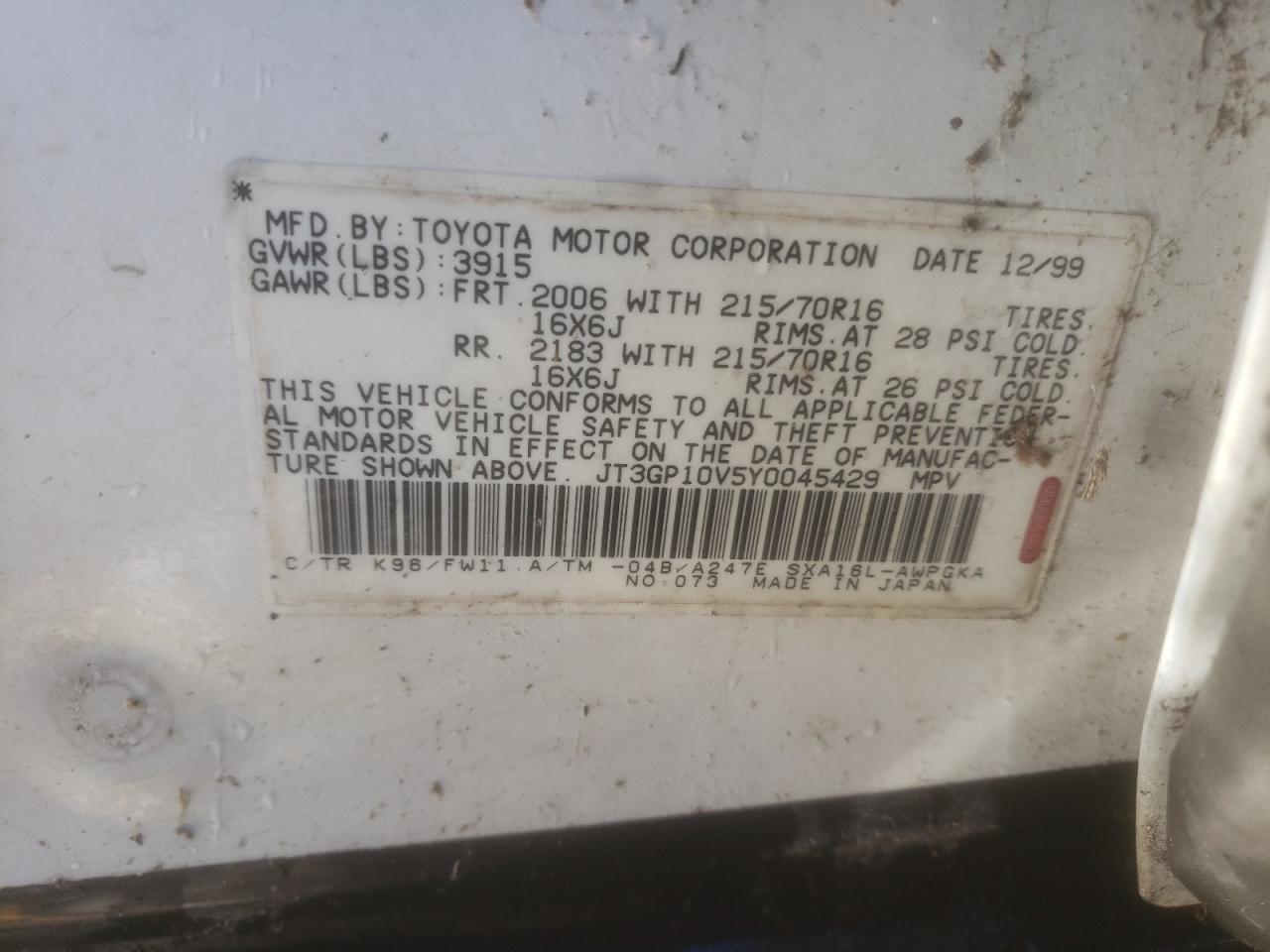 Photo 10 from auction – 2000 TOYOTA RAV4 with VIN JT3GP10V5Y0045429