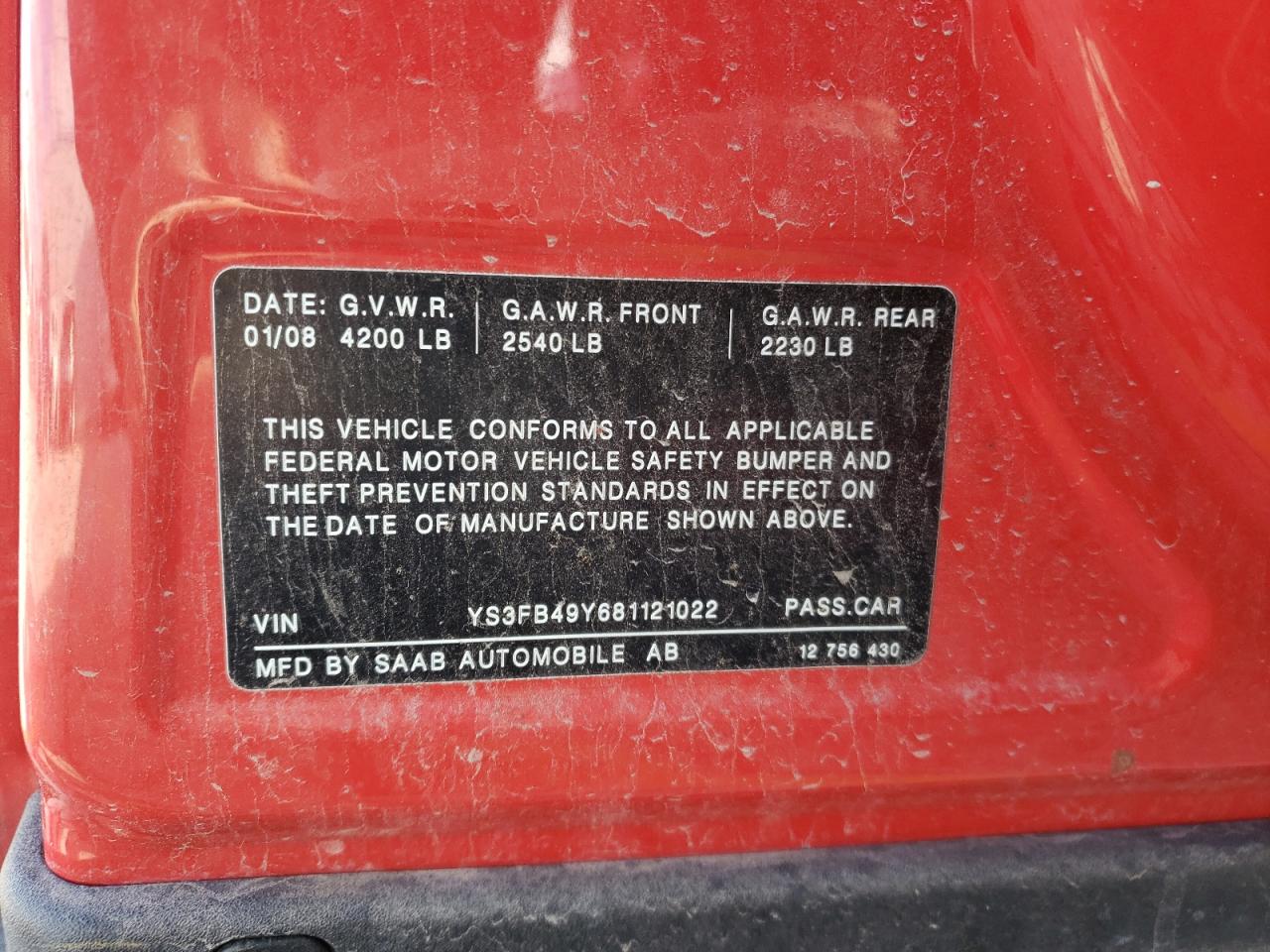 Photo 10 from auction – 2008 SAAB 9-3 2.0T with VIN YS3FB49Y681121022