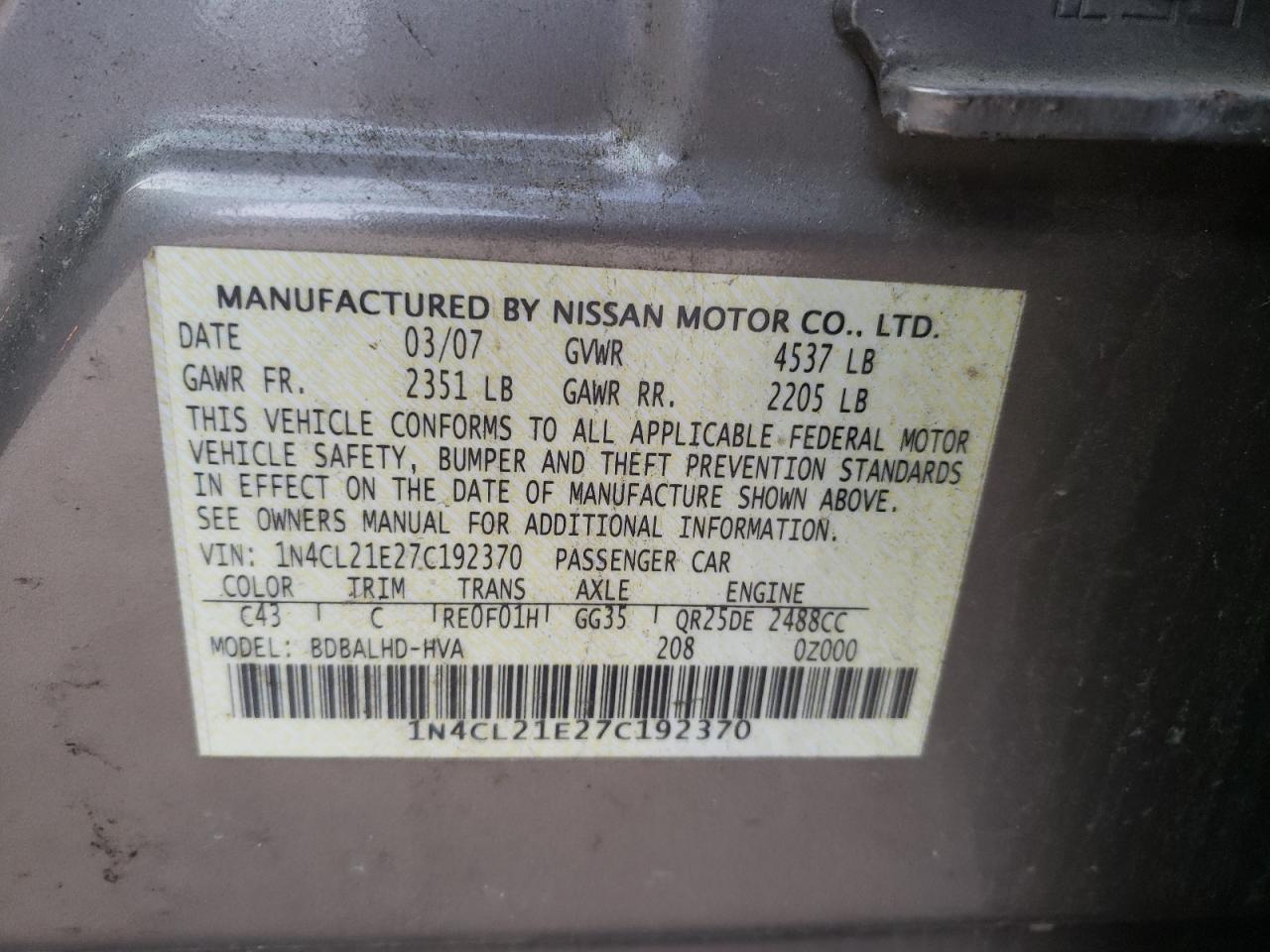 Photo 10 from auction – 2007 NISSAN ALTIMA HYB with VIN 1N4CL21E27C192370