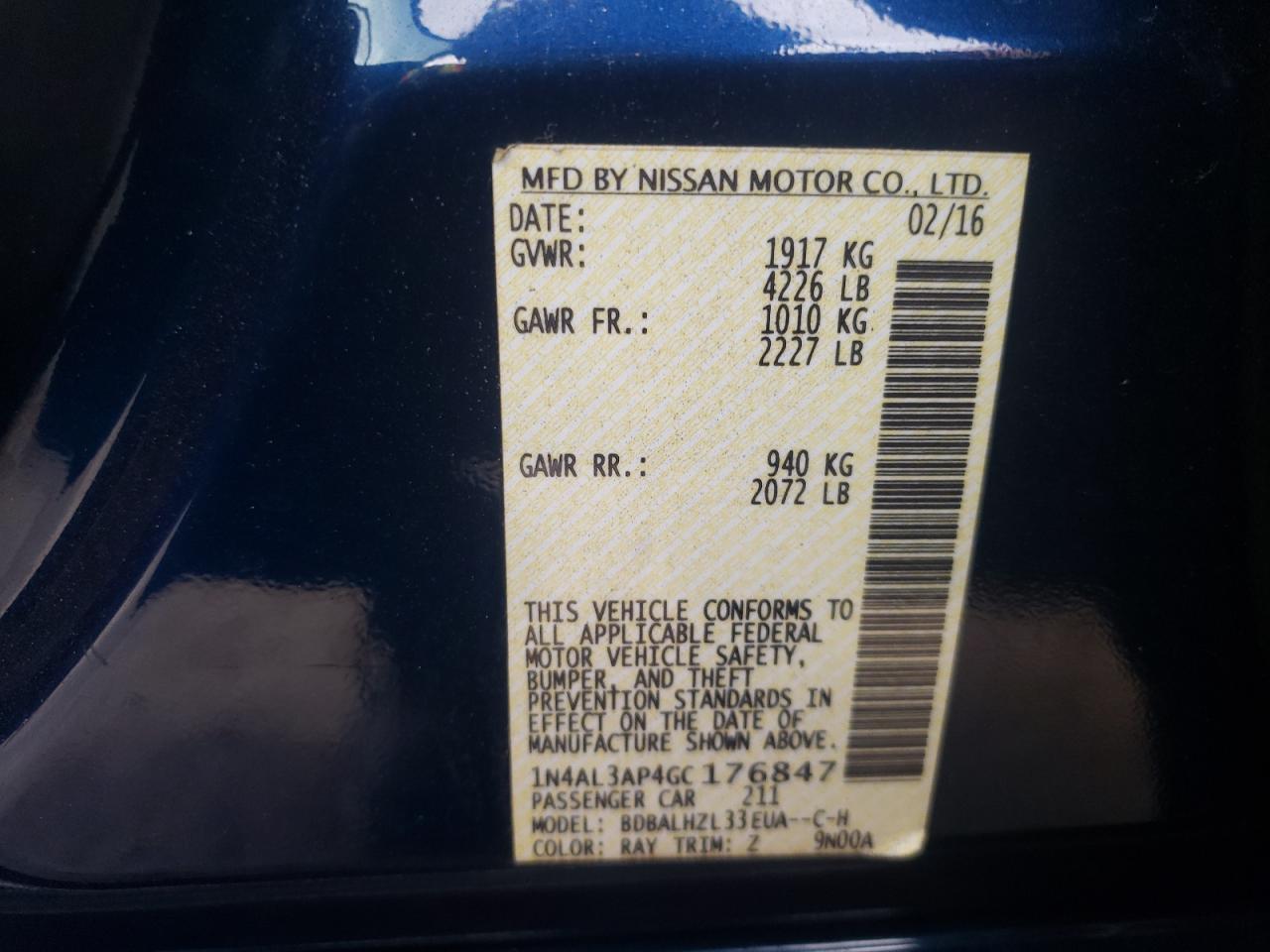 Photo 10 from auction – 2016 NISSAN ALTIMA 2.5 with VIN 1N4AL3AP4GC176847