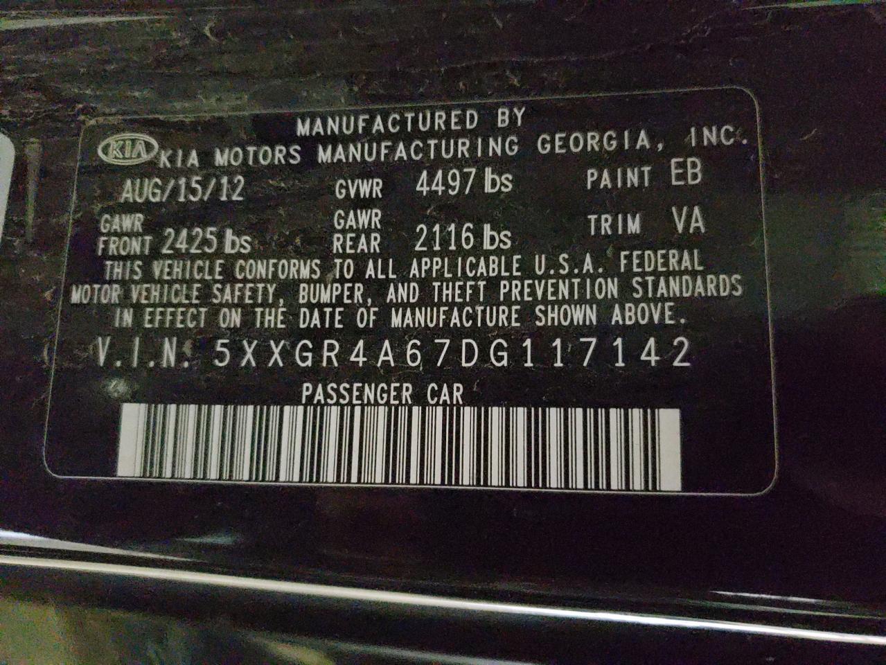 Photo 10 from auction – 2013 KIA OPTIMA SX with VIN 5XXGR4A67DG117142