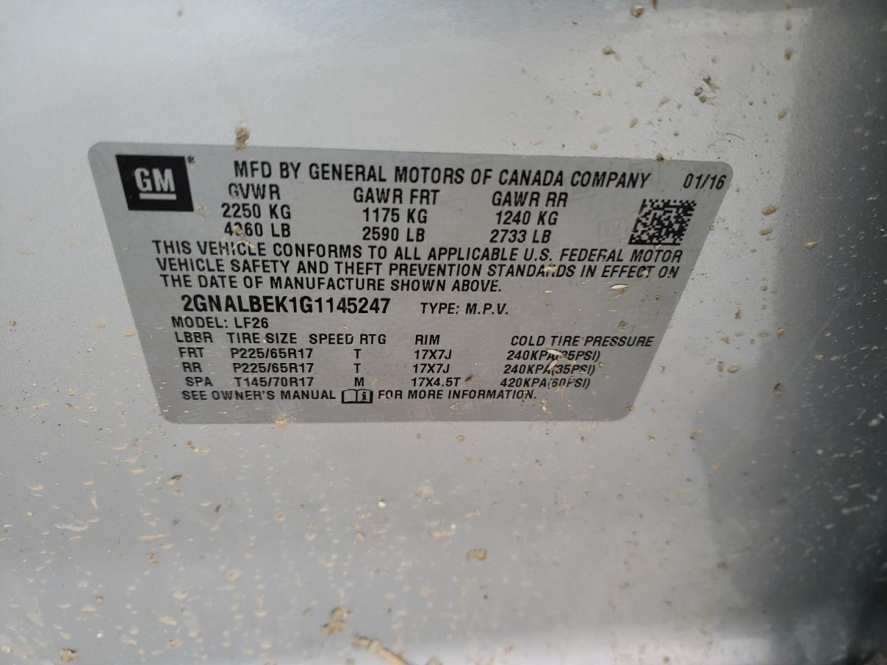 Photo 10 from auction – 2016 CHEVROLET EQUINOX LS with VIN 2GNALBEK1G1145247