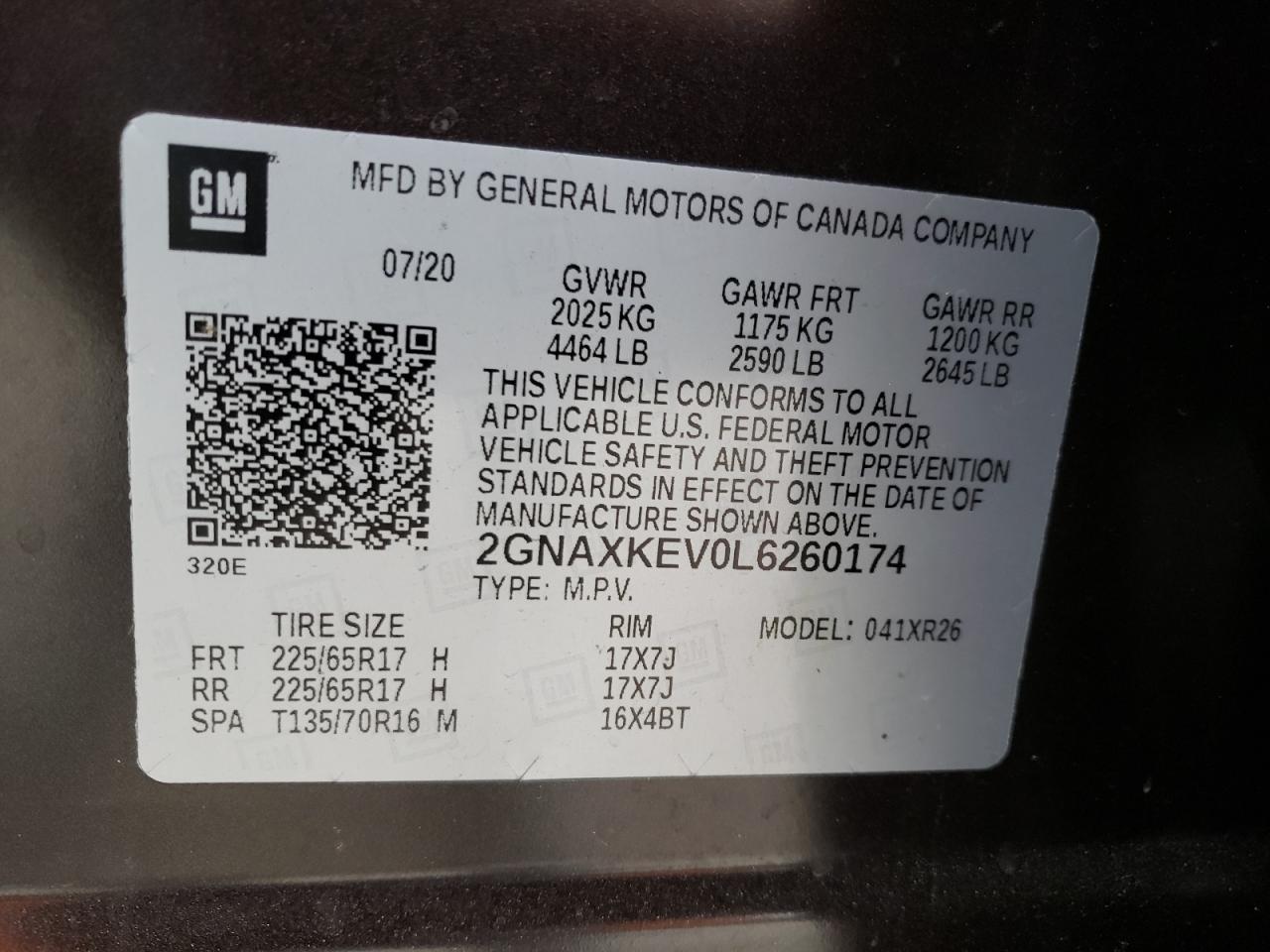 Photo 10 from auction – 2020 CHEVROLET EQUINOX LT with VIN 2GNAXKEV0L6260174