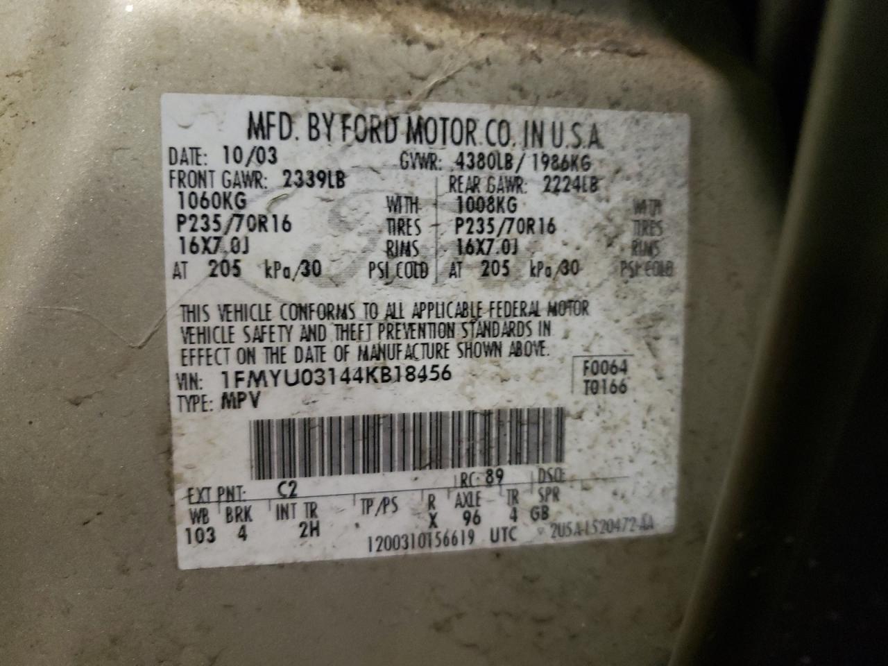 Photo 10 from auction – 2004 FORD ESCAPE XLT with VIN 1FMYU03144KB18456