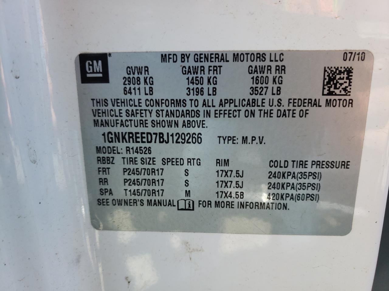 Photo 10 from auction – 2011 CHEVROLET TRAVERSE L with VIN 1GNKREED7BJ129266