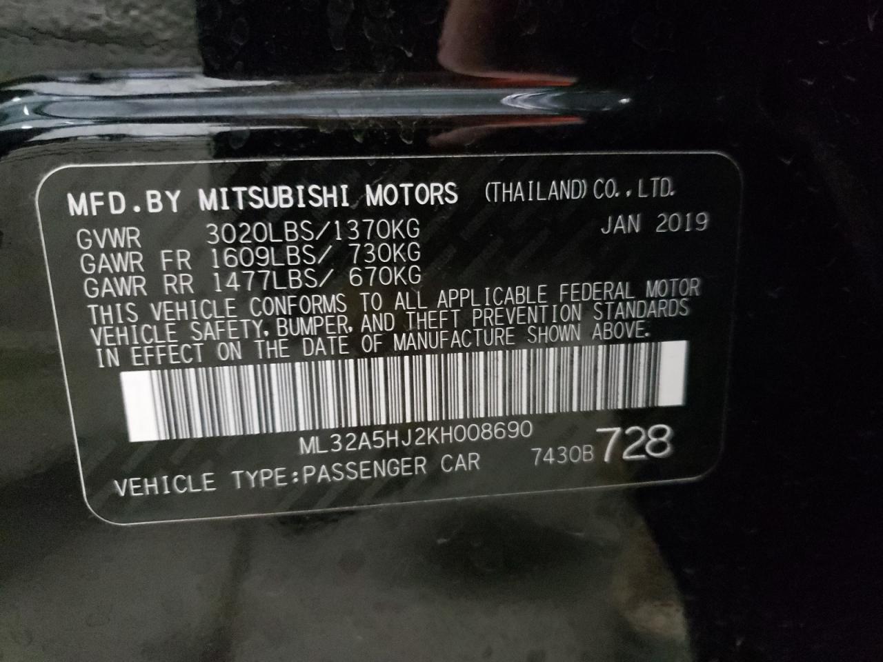 Photo 10 from auction – 2019 MITSUBISHI MIRAGE LE with VIN ML32A5HJ2KH008690