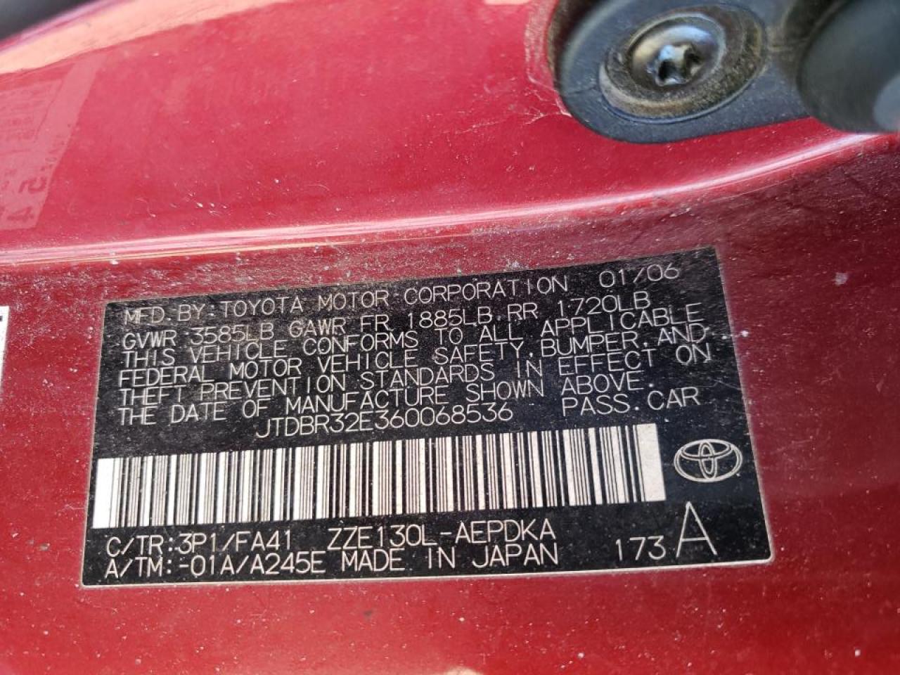Photo 10 from auction – 2006 TOYOTA COROLLA CE with VIN JTDBR32E360068536