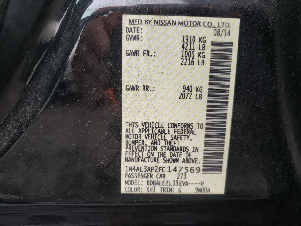 Photo 10 from auction – 2015 NISSAN ALTIMA 2.5 with VIN 1N4AL3AP2FC147569