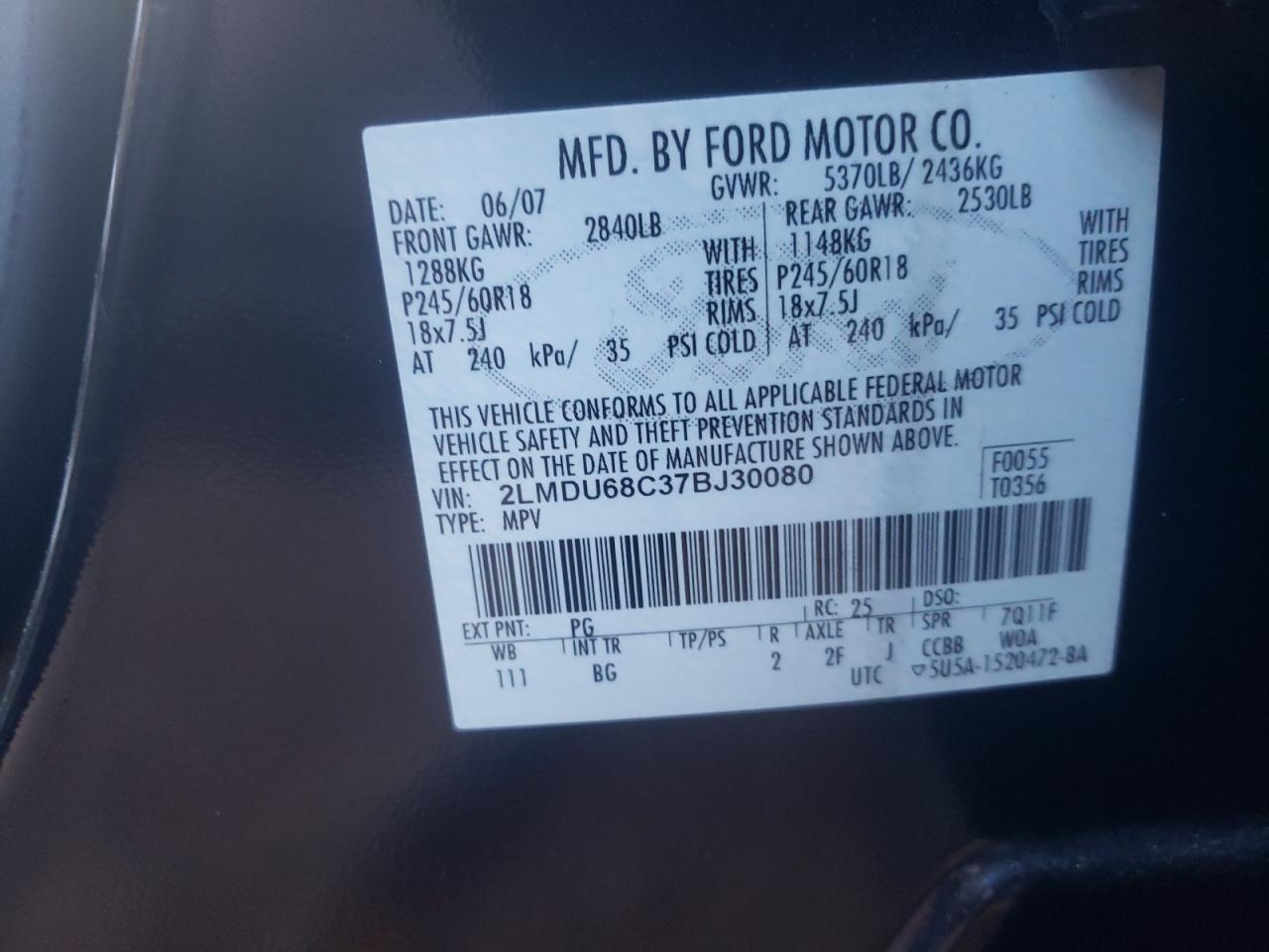 Photo 10 from auction – 2007 LINCOLN MKX with VIN 2LMDU68C37BJ30080