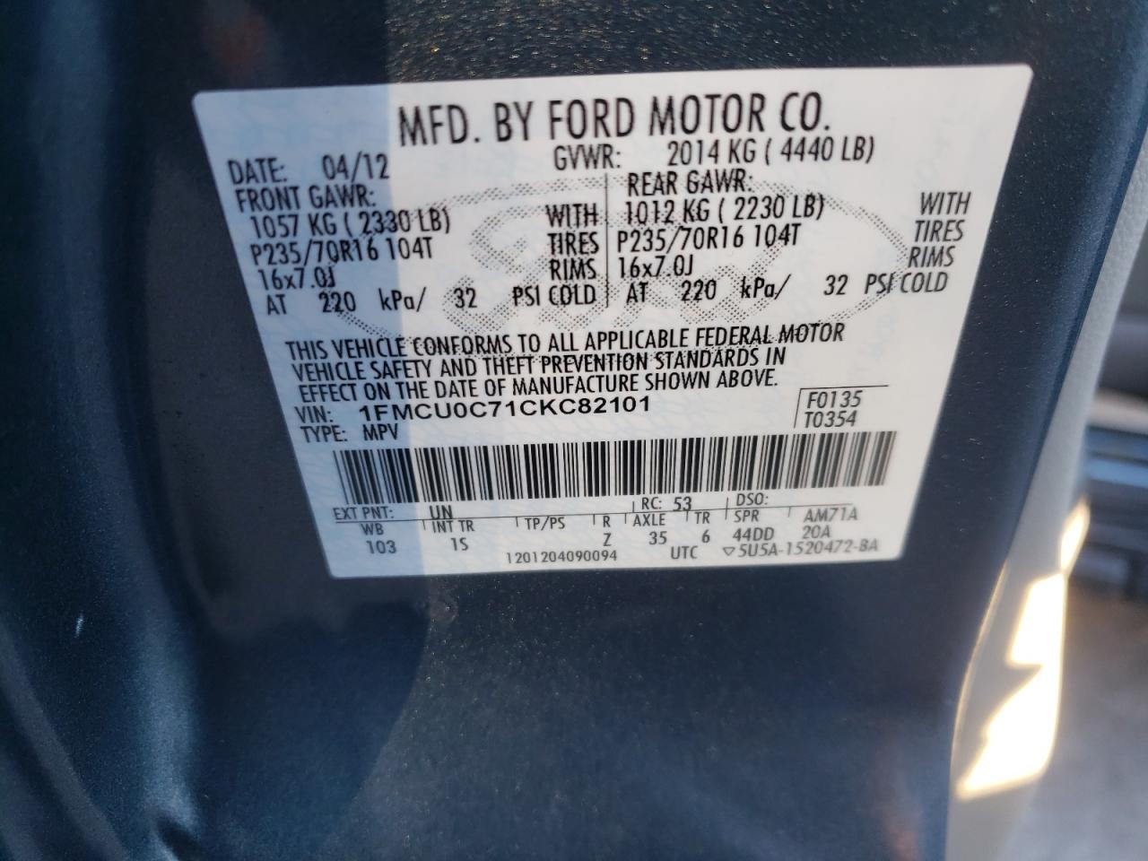 Photo 10 from auction – 2012 FORD ESCAPE XLS with VIN 1FMCU0C71CKC82101