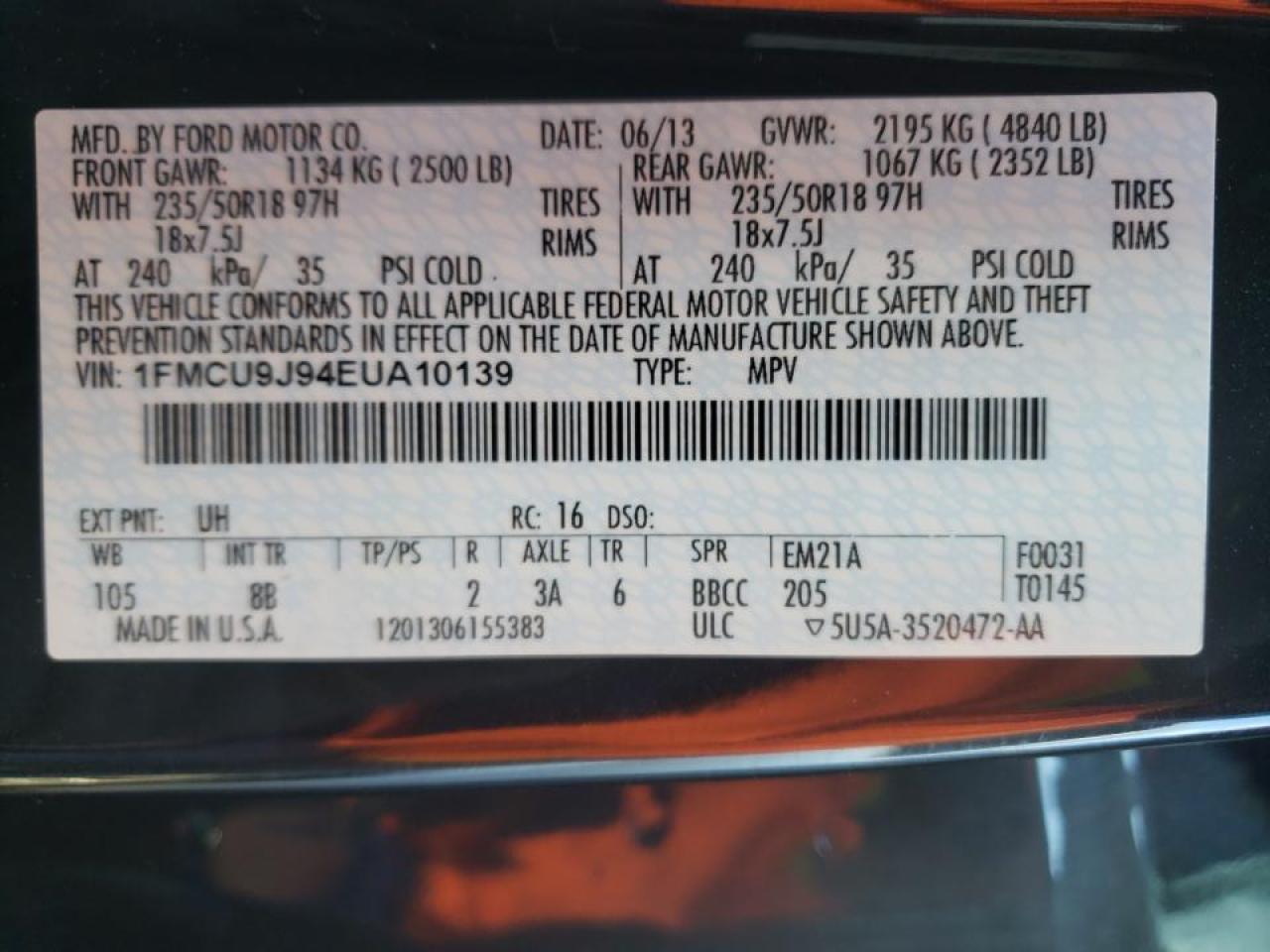 Photo 10 from auction – 2014 FORD ESCAPE TIT with VIN 1FMCU9J94EUA10139