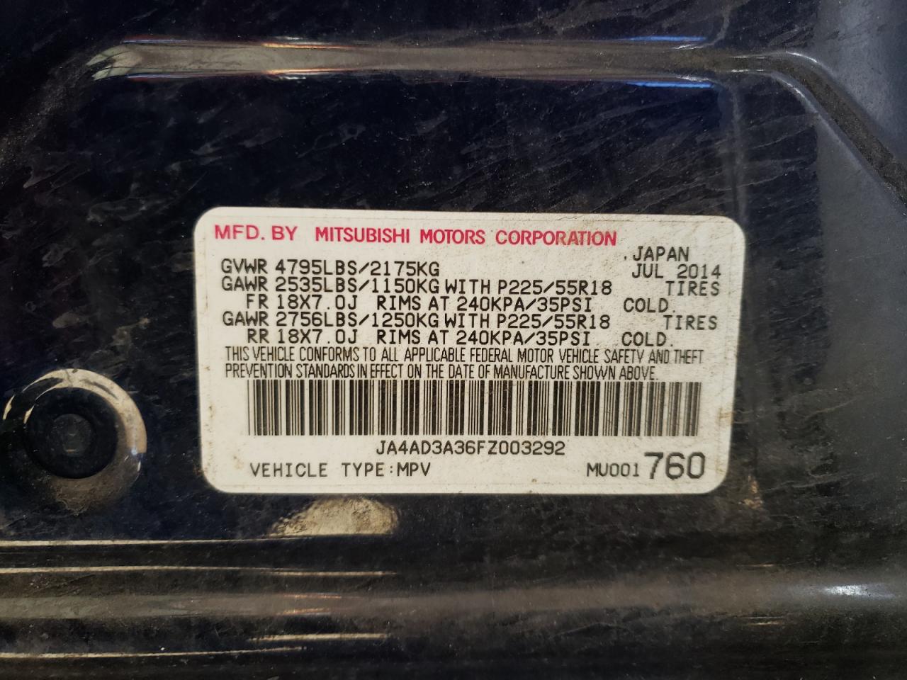 Photo 10 from auction – 2015 MITSUBISHI OUTLANDER with VIN JA4AD3A36FZ003292