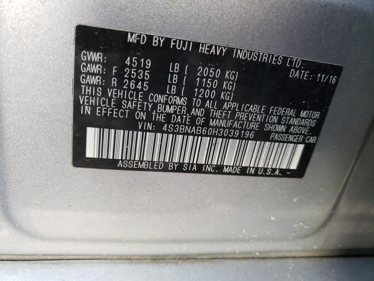 Photo 10 from auction – 2017 SUBARU LEGACY 2.5 with VIN 4S3BNAB60H3039196