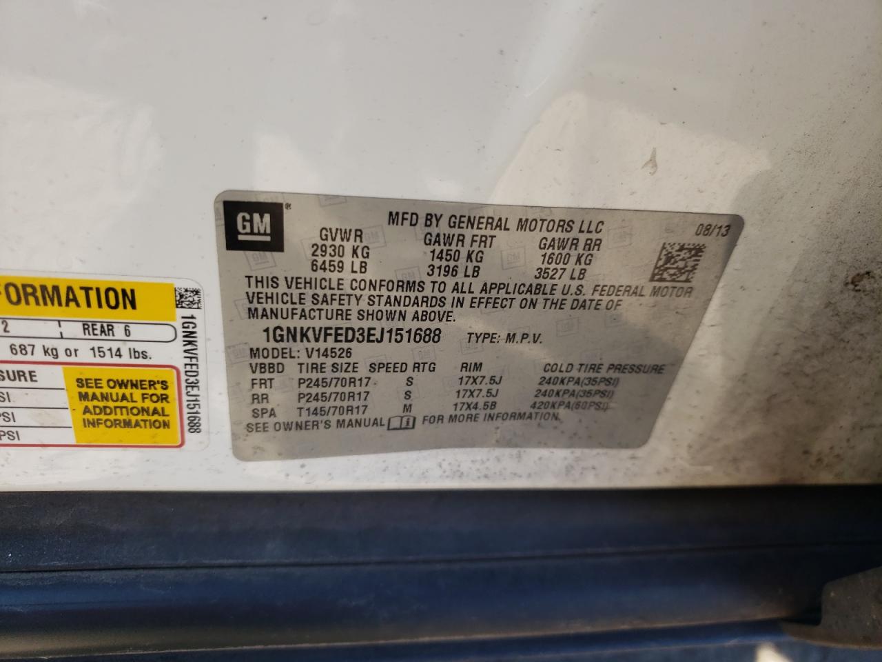 Photo 10 from auction – 2014 CHEVROLET TRAVERSE L with VIN 1GNKVFED3EJ151688