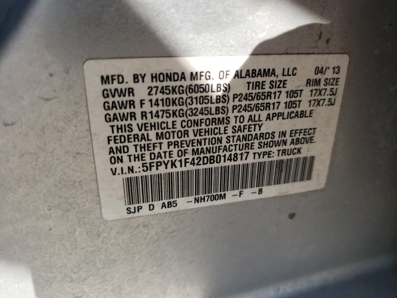 Photo 10 from auction – 2013 HONDA RIDGELINE with VIN 5FPYK1F42DB014817