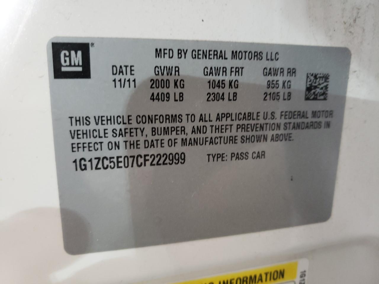 Photo 10 from auction – 2012 CHEVROLET MALIBU 1LT with VIN 1G1ZC5E07CF222999