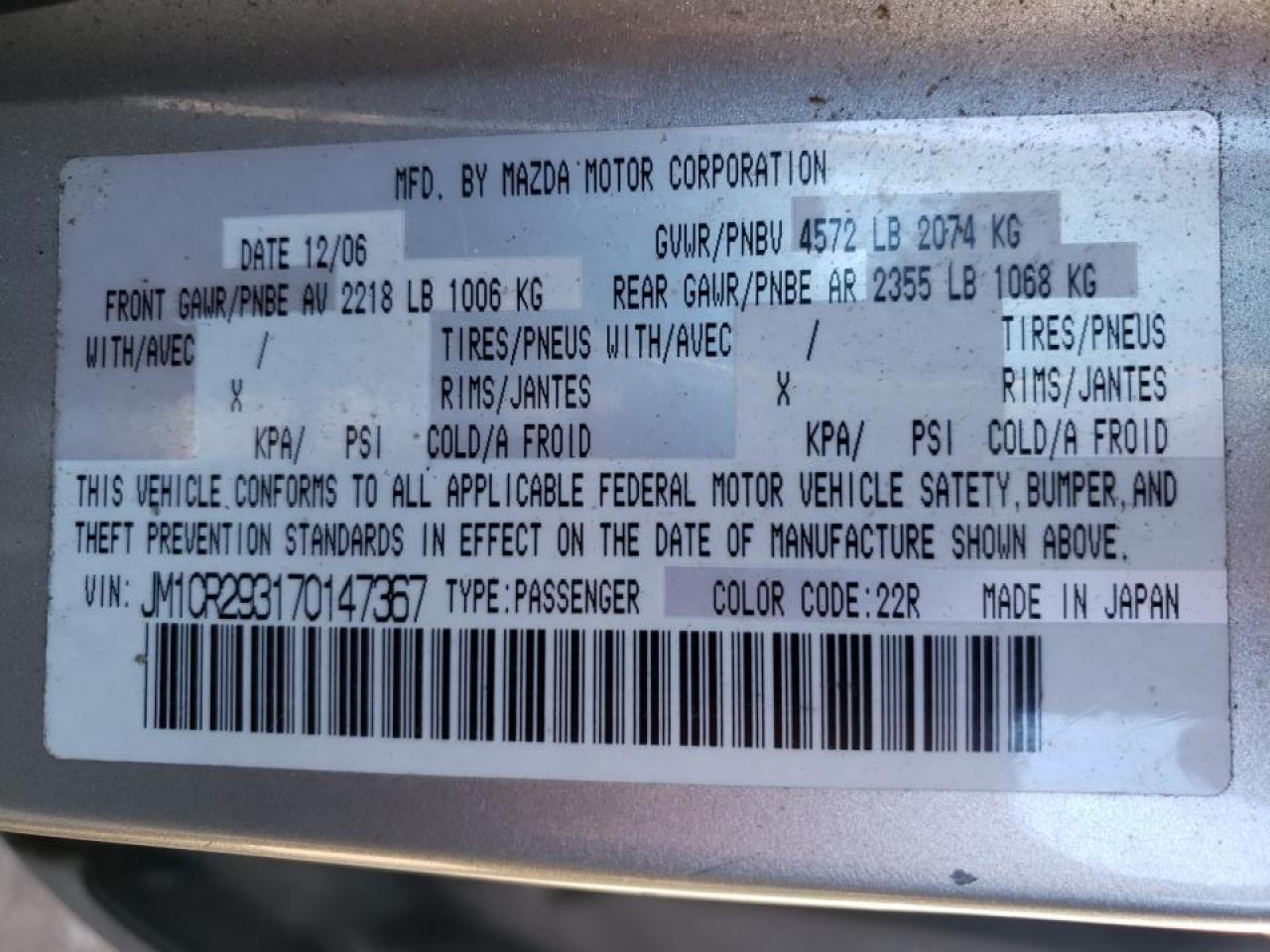 Photo 10 from auction – 2007 MAZDA 5 with VIN JM1CR293170147367
