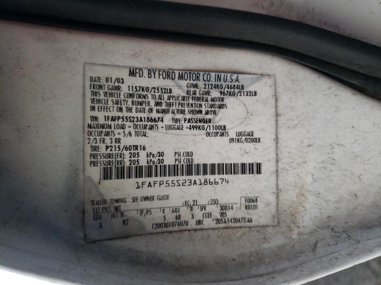 Photo 10 from auction – 2003 FORD TAURUS SES with VIN 1FAFP55S23A186674