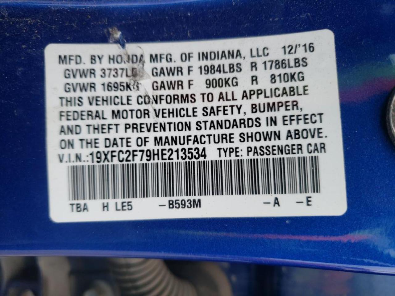 Photo 10 from auction – 2017 HONDA CIVIC EX with VIN 19XFC2F79HE213534