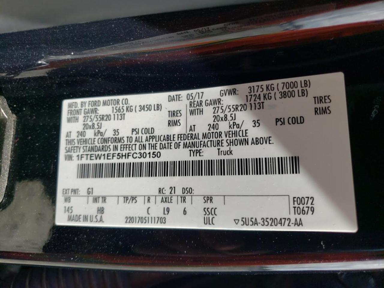 Photo 10 from auction – 2017 FORD F150 SUPER with VIN 1FTEW1EF5HFC30150